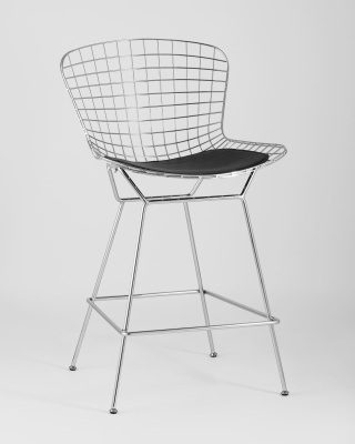 Стул полубарный с низкой спинкой Bertoia хромированный с черной подушкой фото Стул полубарный с низкой спинкой Bertoia хромированный с черной подушкой. Фото №3
